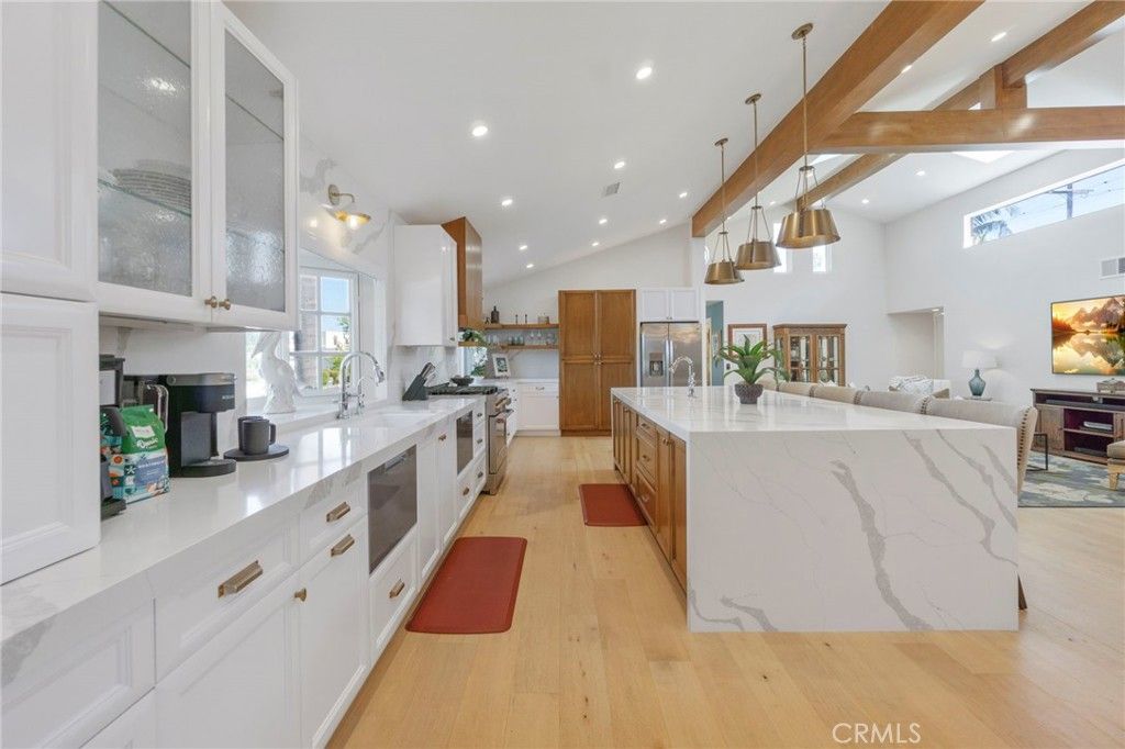Interior, Kitchen, Pendant Lights, Recessed Lighting, Stainless Steel Appliances, Wooden Beams, Wood Texture Flooring