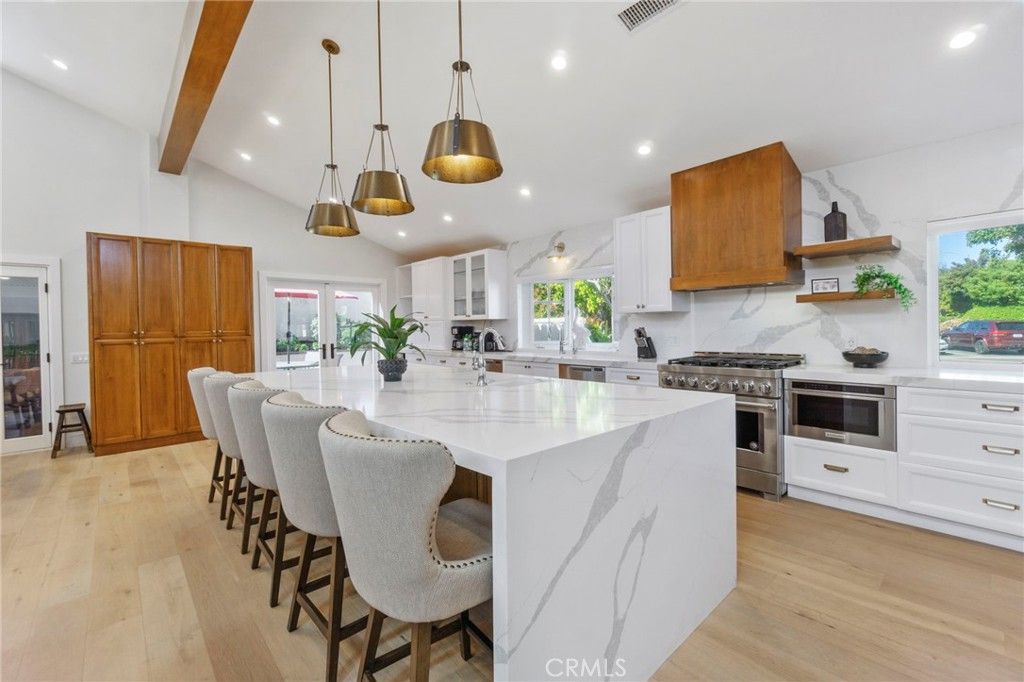 Interior, Kitchen, Pendant Lights, Recessed Lighting, Stainless Steel Appliances, Wooden Beams, Wood Texture Flooring