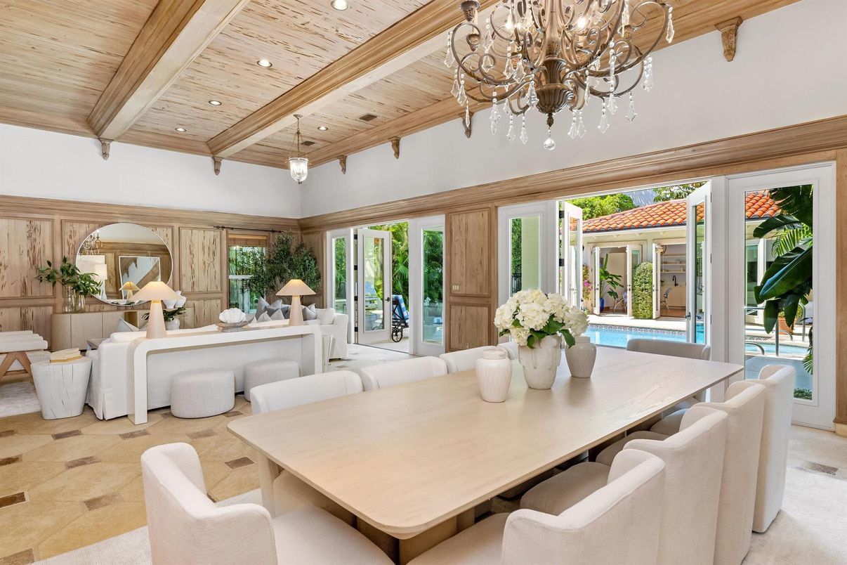 Chandelier, Dining room, Interior, Living room, Piano, Recessed Lighting, Wooden Beams, Wooden Ceilings