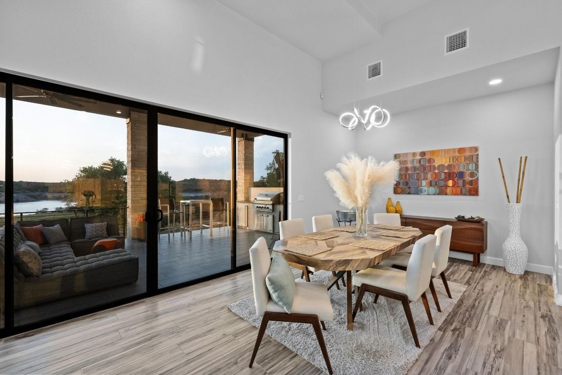 Dining room, Interior, Recessed Lighting, Water, Wood Texture Flooring