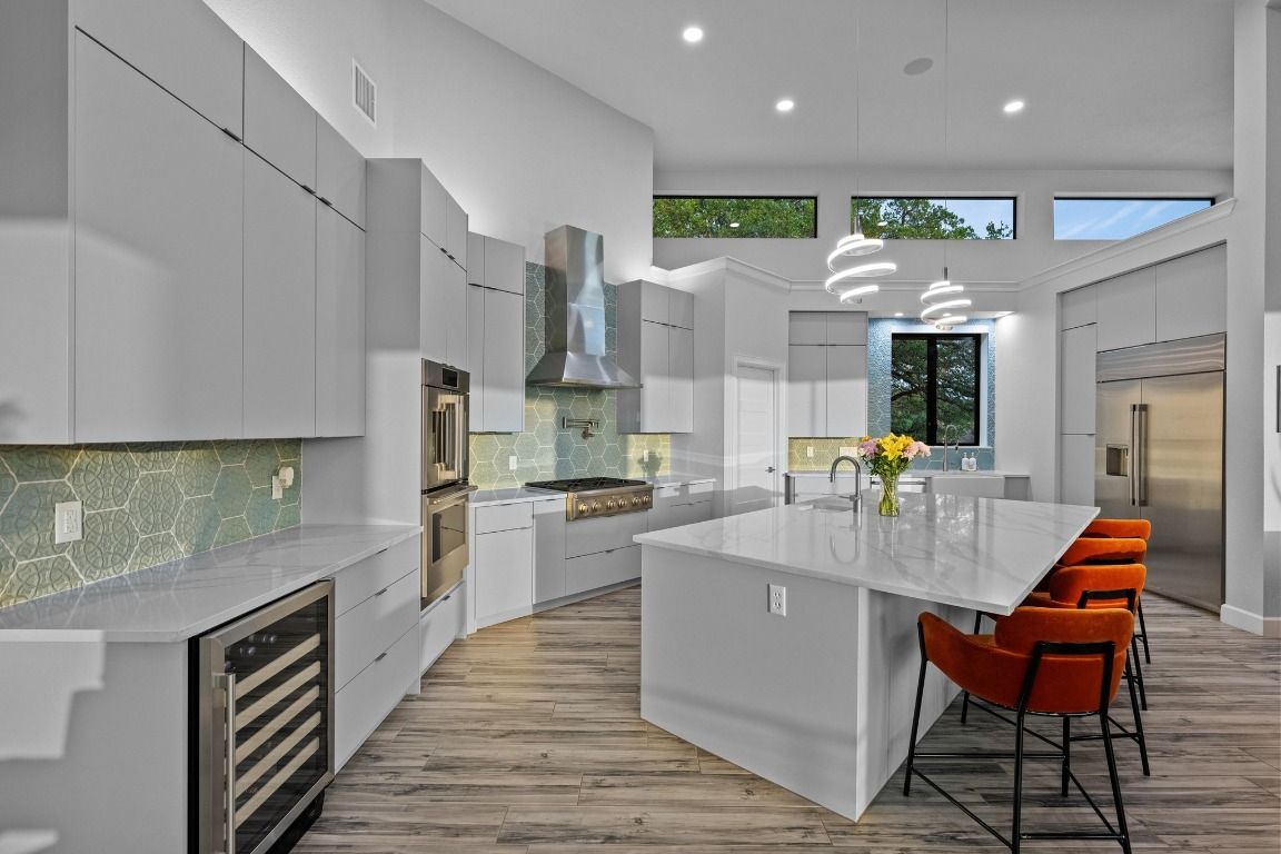 Interior, Kitchen, Pendant Lights, Recessed Lighting, Stainless Steel Appliances, Wood Texture Flooring