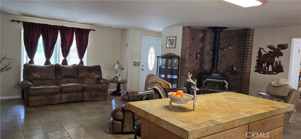 Fireplace, Interior, Kitchen, Living room, Stone Walls, Tile Countertops