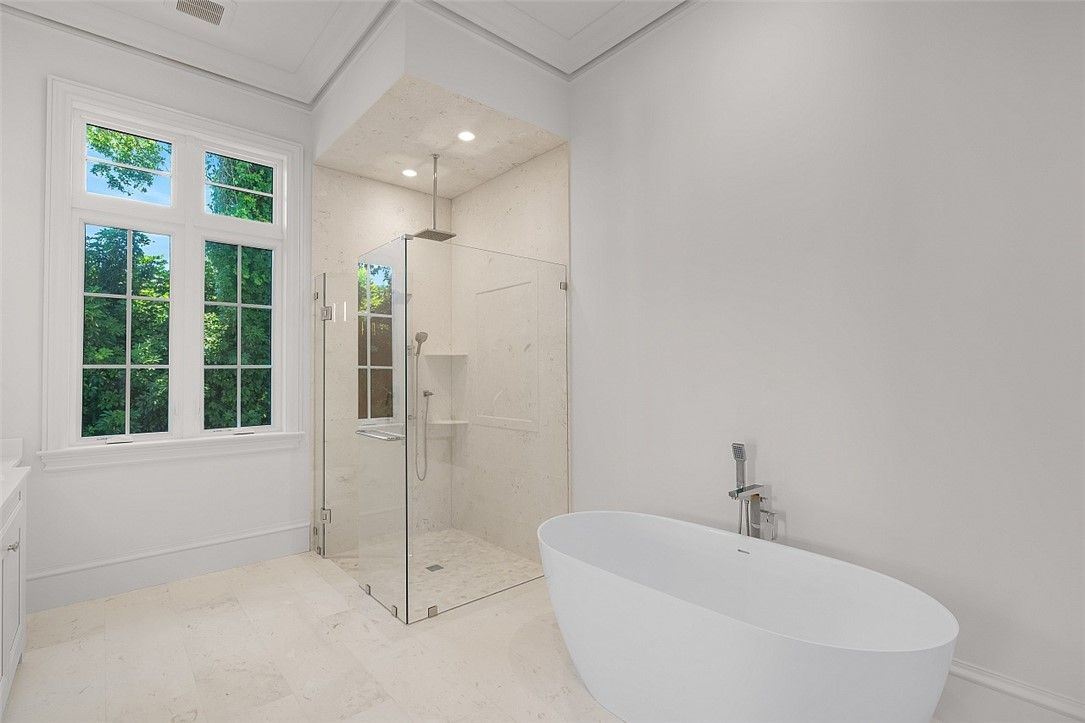 Bathroom, Free Standing Baths, Glass Shower, Interior, Recessed Lighting