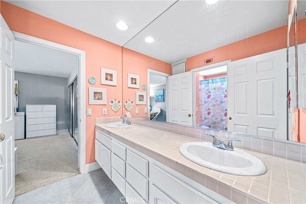 Bathroom, Dual Sink Vanities, Interior, Recessed Lighting, Tile Countertops
