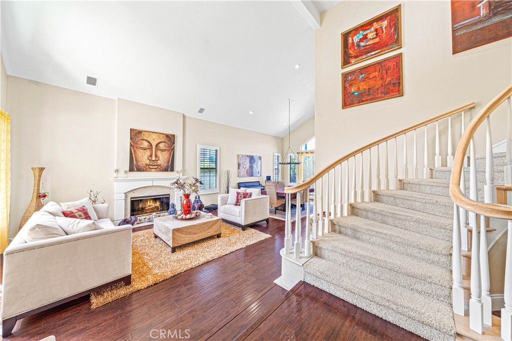 Fireplace, Interior, Living room, Pendant Lights, Recessed Lighting, Wood Texture Flooring