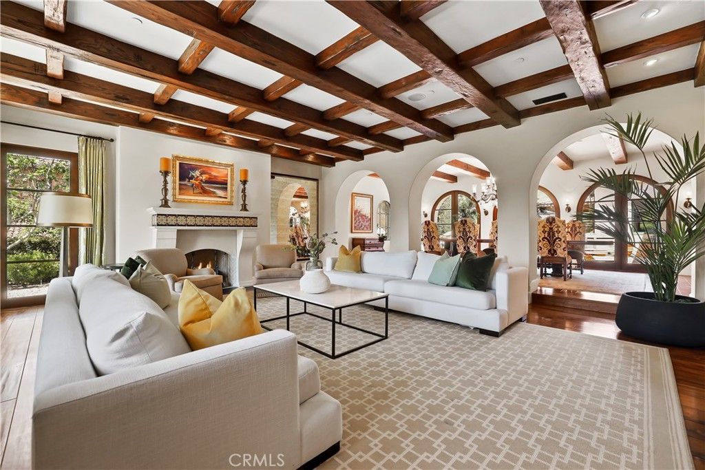 Fireplace, Interior, Living room, Recessed Lighting, Wooden Beams