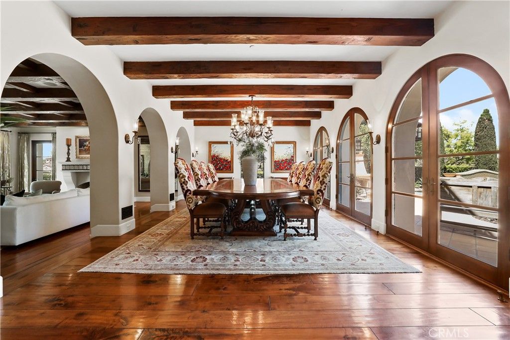 Chandelier, Dining room, Interior, Wooden Beams, Wood Texture Flooring
