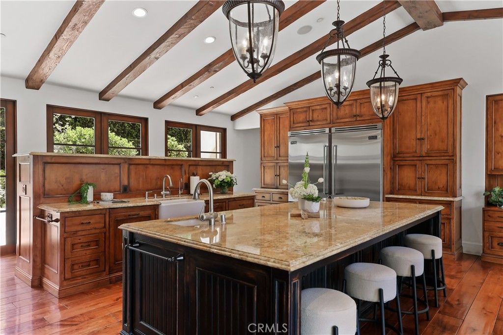 Interior, Kitchen, Pendant Lights, Recessed Lighting, Stainless Steel Appliances, Wooden Beams, Wood Texture Flooring