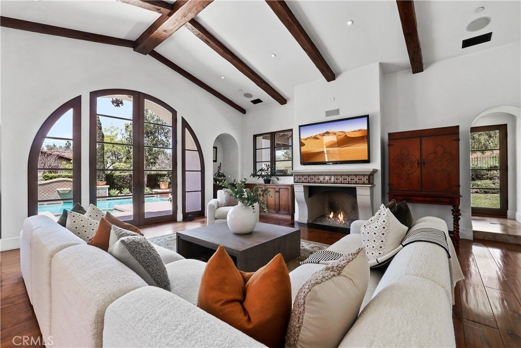 Fireplace, Interior, Living room, Recessed Lighting, Wooden Beams, Wood Texture Flooring