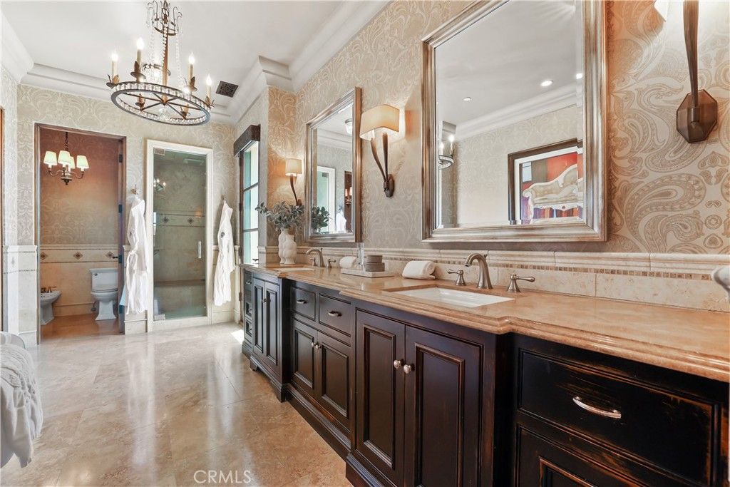 Bathroom, Chandelier, Dual Sink Vanities, Glass Shower, Interior, Recessed Lighting