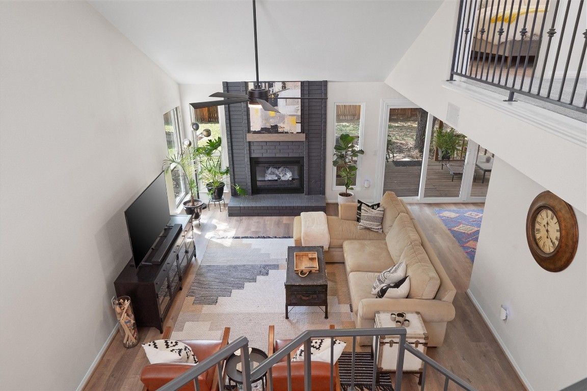 Fireplace, Interior, Living room, Pendant Lights, Wood Texture Flooring