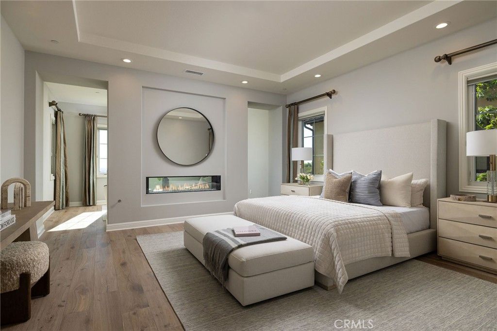 Bedroom, Fireplace, Interior, Recessed Lighting, Wood Texture Flooring