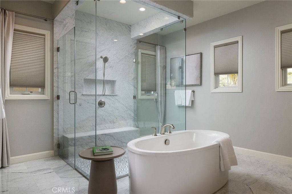 Bathroom, Free Standing Baths, Glass Shower, Interior, Marble, Marble Walls, Recessed Lighting