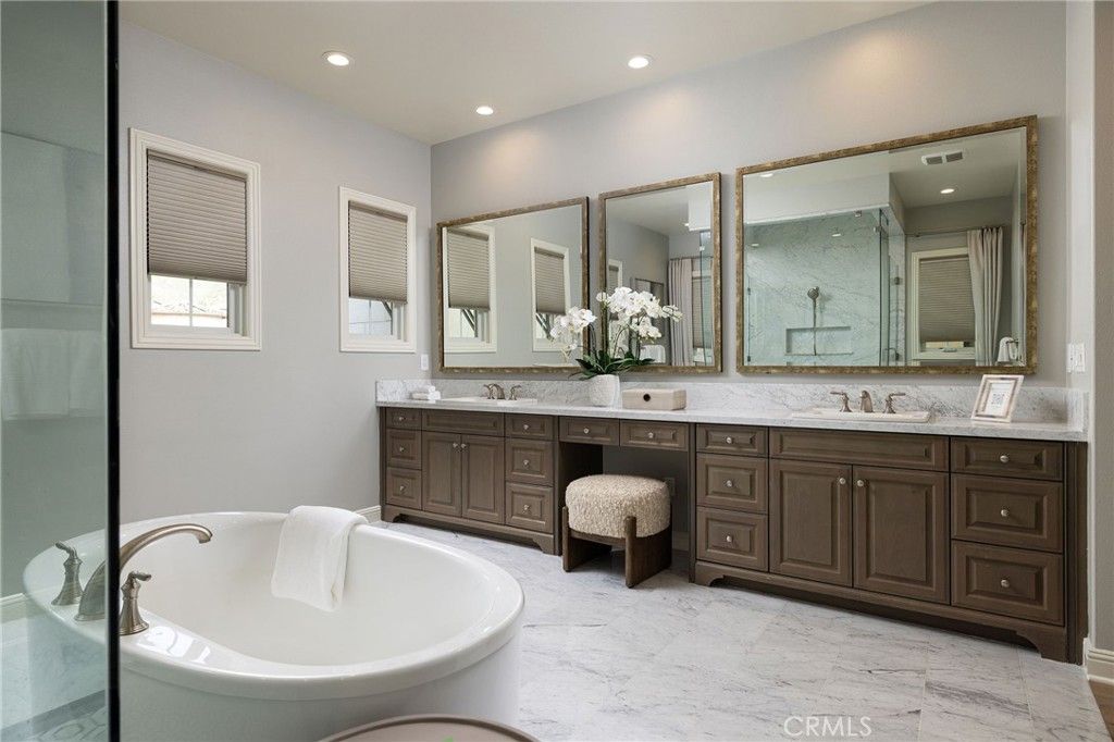 Bathroom, Dual Sink Vanities, Free Standing Baths, Interior, Marble, Recessed Lighting