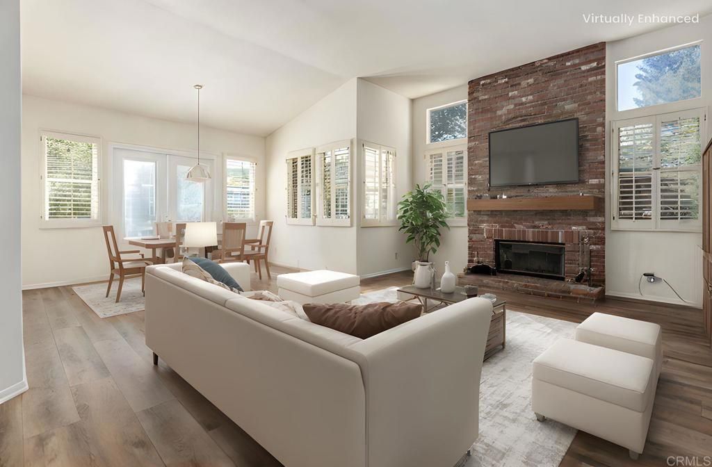 Dining room, Fireplace, Interior, Living room, Pendant Lights, Stone Walls, Wood Texture Flooring
