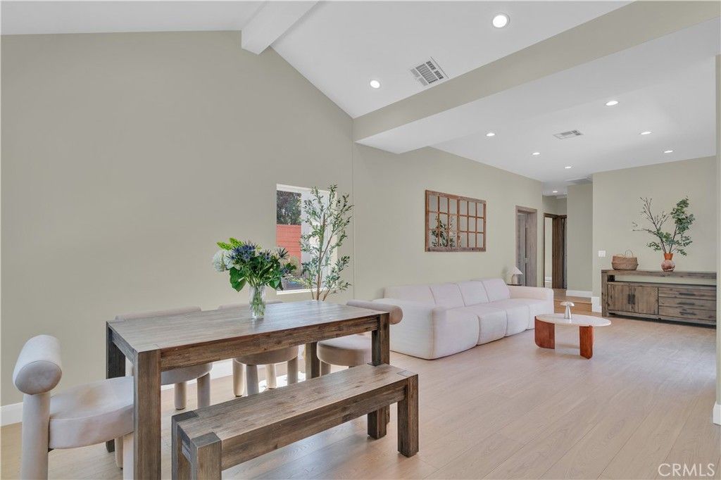 Dining room, Interior, Living room, Recessed Lighting, Wood Texture Flooring