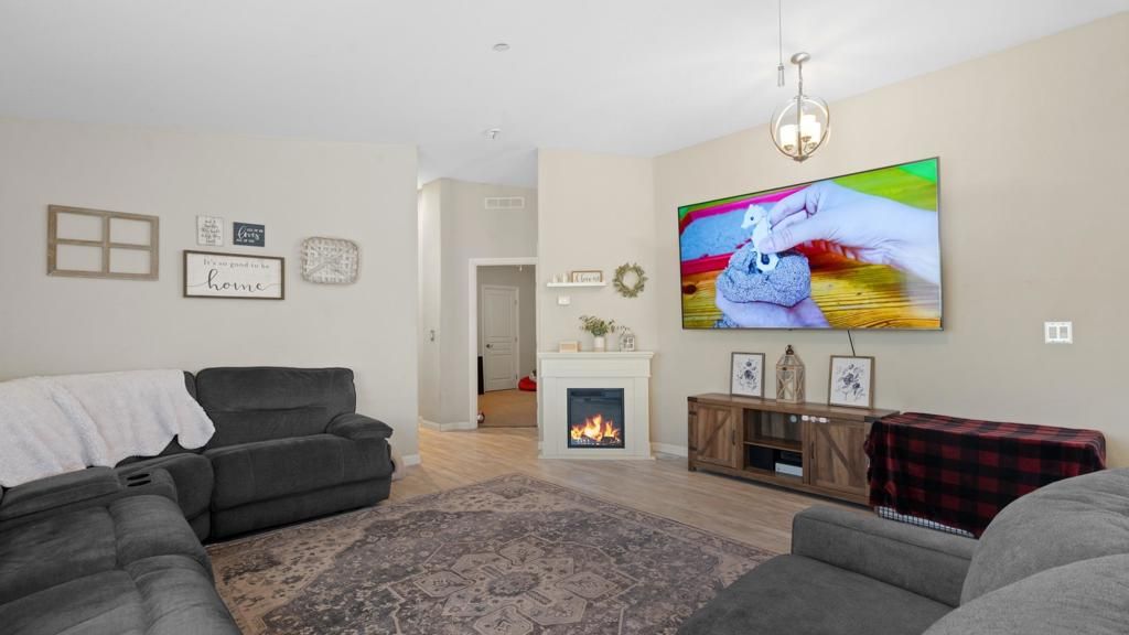 Fireplace, Interior, Living room, Pendant Lights, Wood Texture Flooring