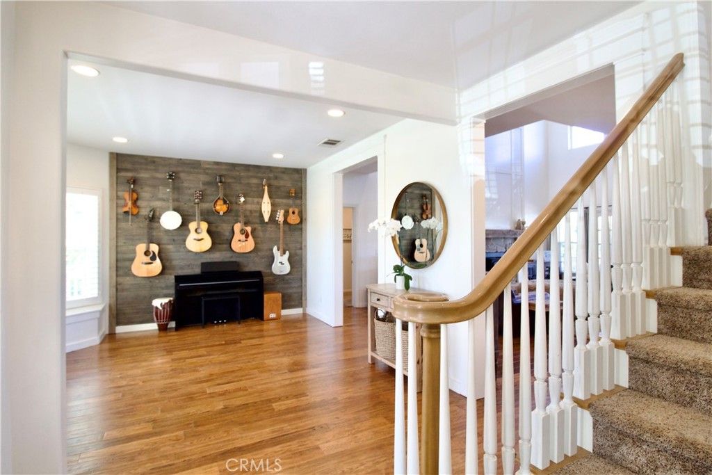 Interior, Piano, Recessed Lighting, Stone Walls, Wood Texture Flooring
