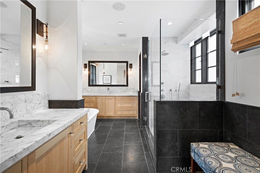 Bathroom, Dual Sink Vanities, Glass Shower, Interior, Marble Walls, Recessed Lighting