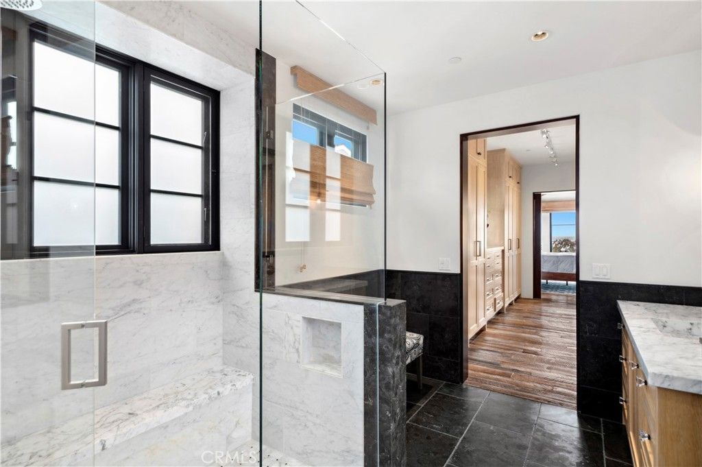 Bathroom, Glass Shower, Interior, Marble, Marble Walls, Recessed Lighting, Wood Texture Flooring