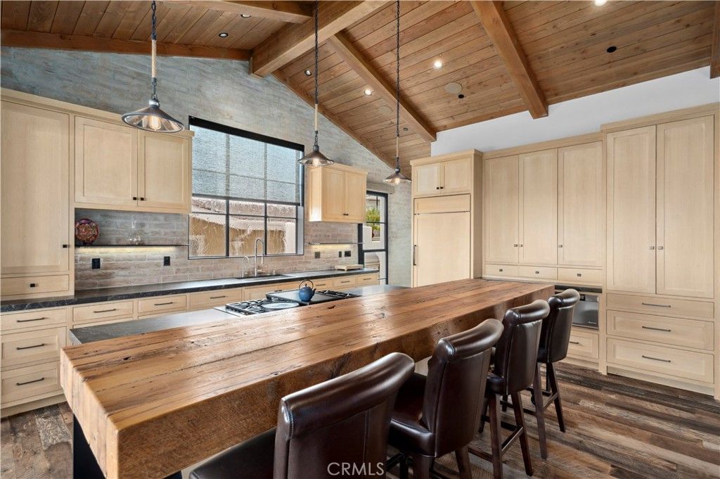 Interior, Kitchen, Pendant Lights, Recessed Lighting, Stainless Steel Appliances, Wooden Beams, Wooden Ceilings, Wood Texture Flooring