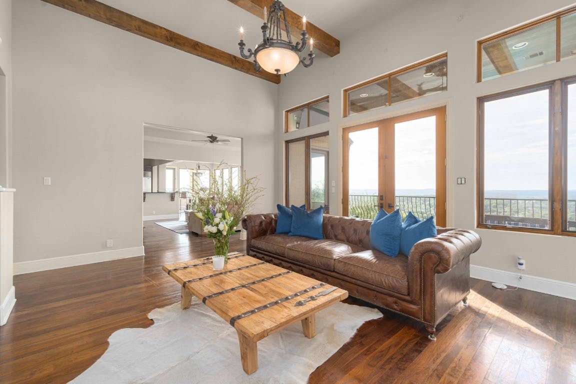 Interior, Living room, Pendant Lights, Water, Wooden Beams, Wood Texture Flooring