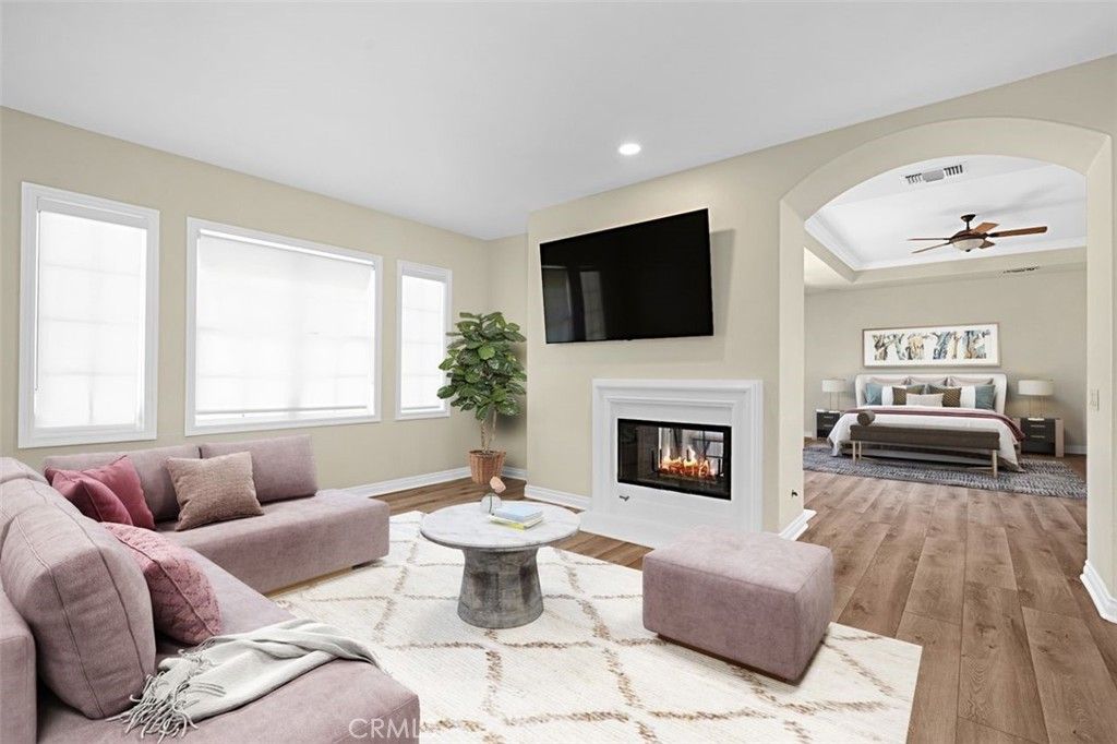 Fireplace, Interior, Living room, Recessed Lighting, Wood Texture Flooring