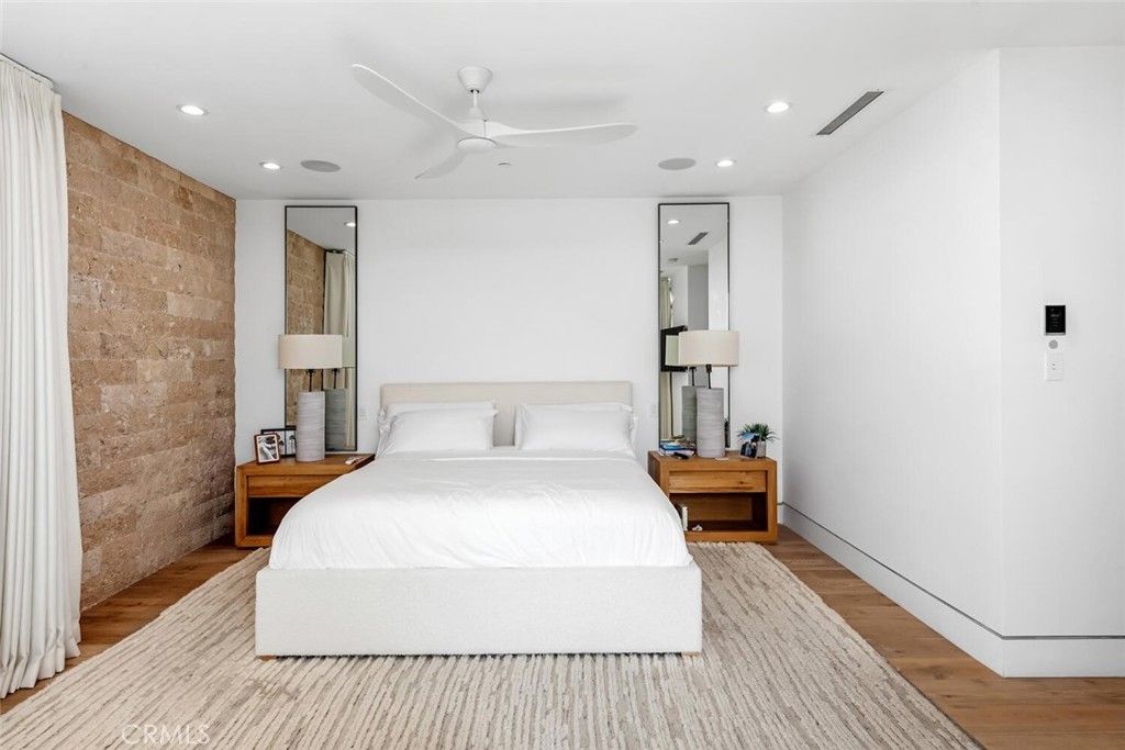 Bedroom, Interior, Recessed Lighting, Stone Walls, Wood Texture Flooring