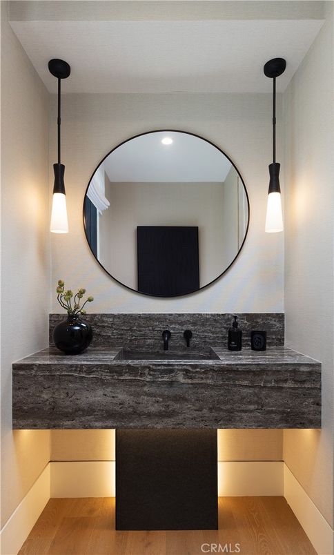 Bathroom, Interior, Pendant Lights, Recessed Lighting, Wood Texture Flooring