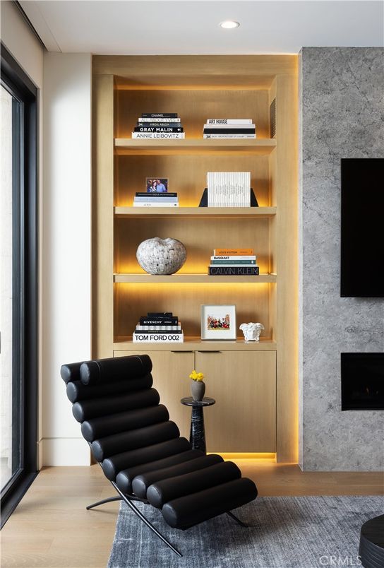 Fireplace, Interior, Recessed Lighting, Stone Walls, Wood Texture Flooring
