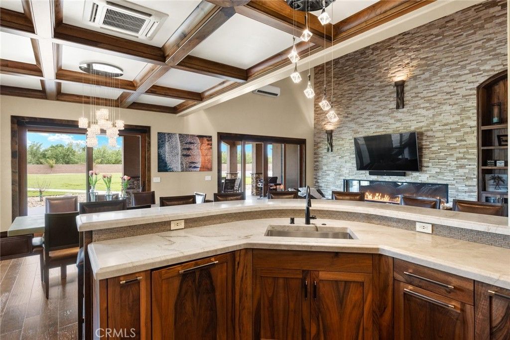 Fireplace, Interior, Kitchen, Pendant Lights, Stone Walls, Wooden Beams, Wood Texture Flooring