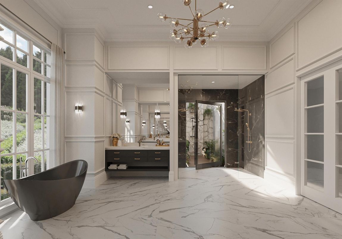 Bathroom, Free Standing Baths, Glass Shower, Interior, Marble, Marble Walls, Pendant Lights, Recessed Lighting