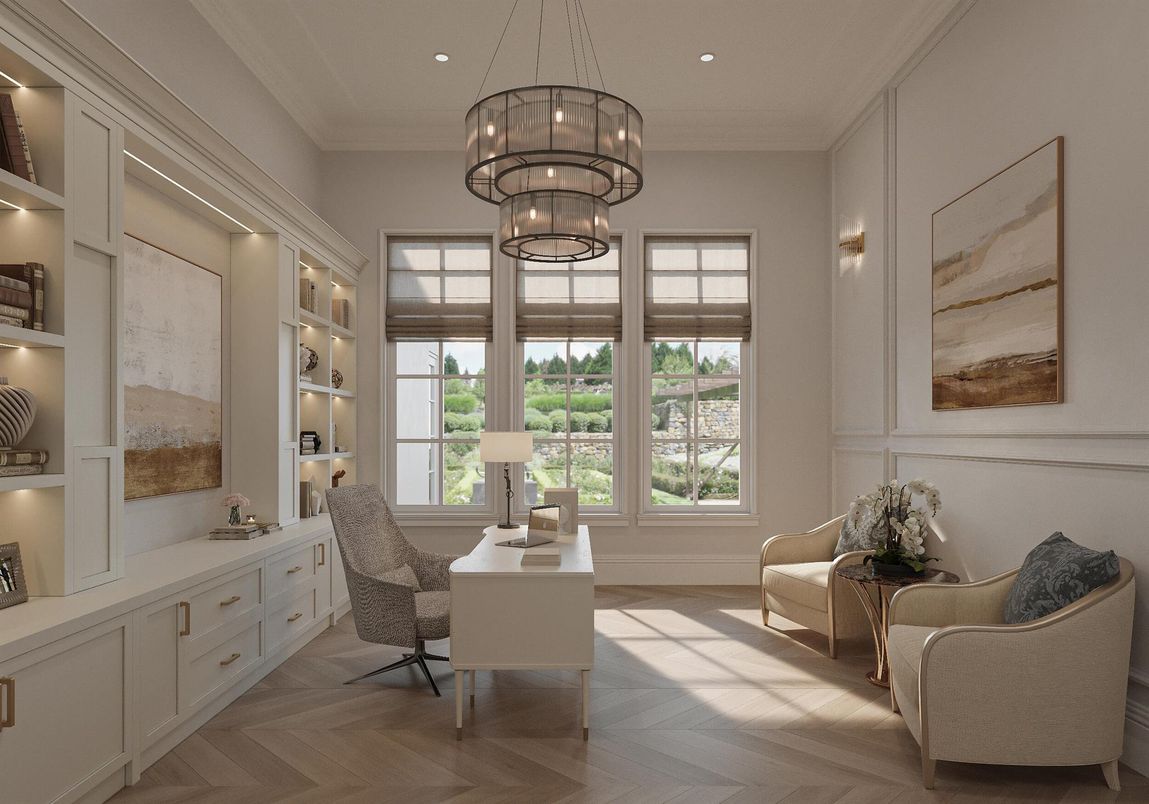 Chandelier, Home Office, Interior, Pendant Lights, Recessed Lighting, Wood Texture Flooring
