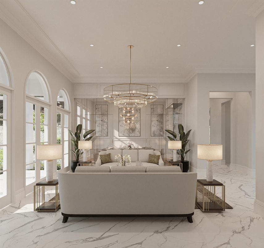 Chandelier, Interior, Living room, Marble, Recessed Lighting