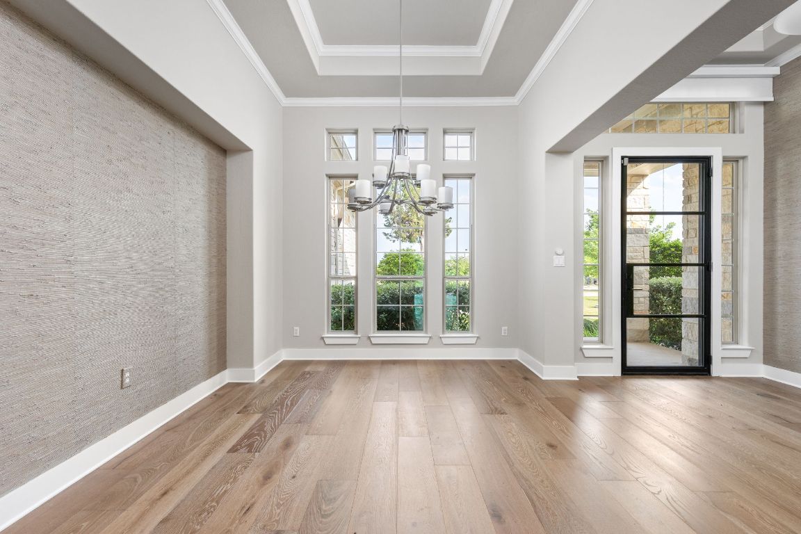 Chandelier, Empty room, Interior, Pendant Lights, Wood Texture Flooring
