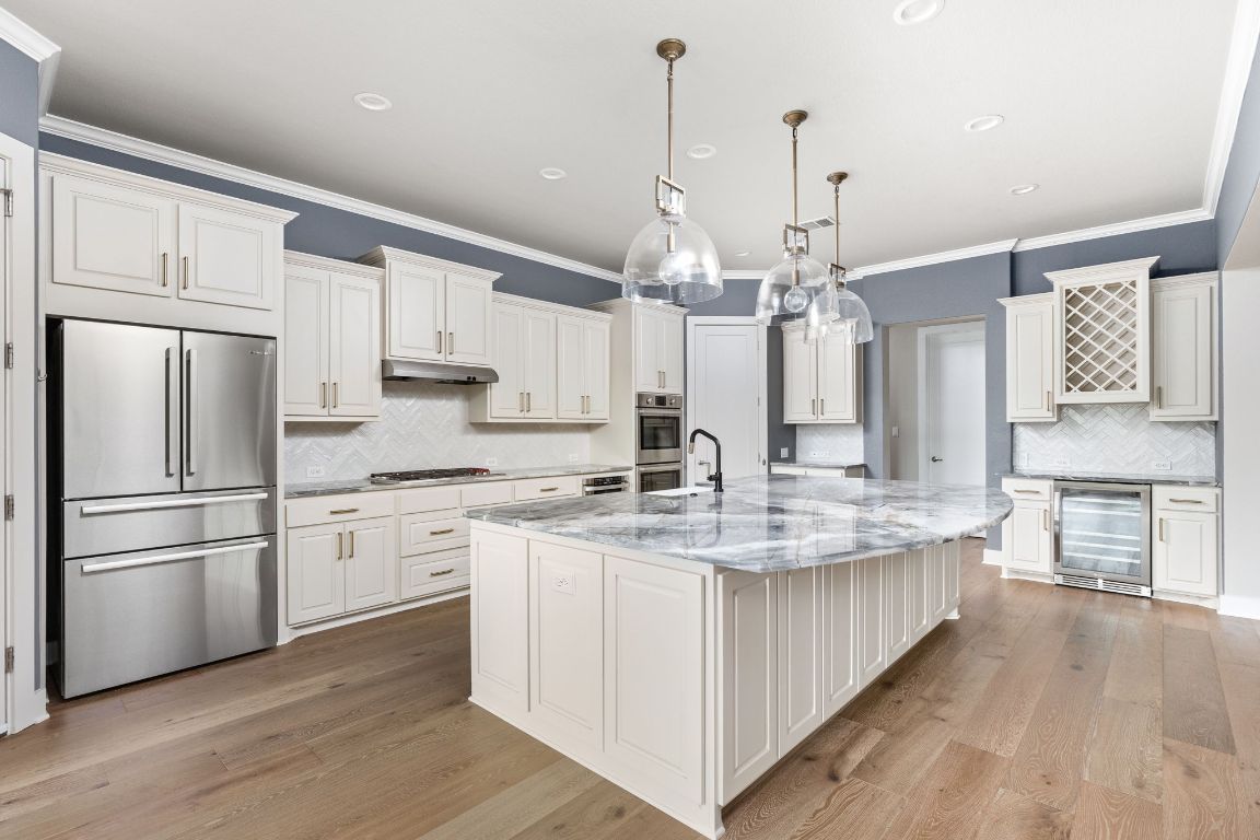 Interior, Kitchen, Pendant Lights, Recessed Lighting, Stainless Steel Appliances, Wood Texture Flooring
