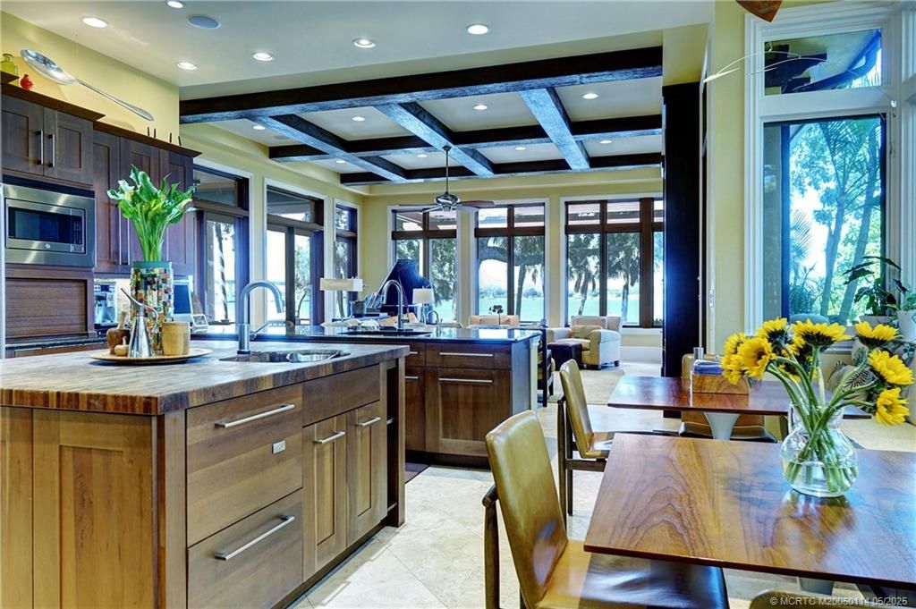 Dining room, Interior, Kitchen, Recessed Lighting, Stainless Steel Appliances, Water, Wooden Beams