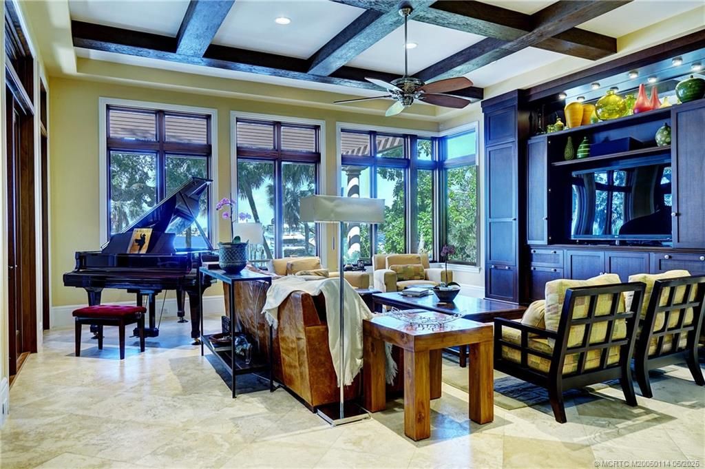 Interior, Living room, Piano, Recessed Lighting, Wooden Beams