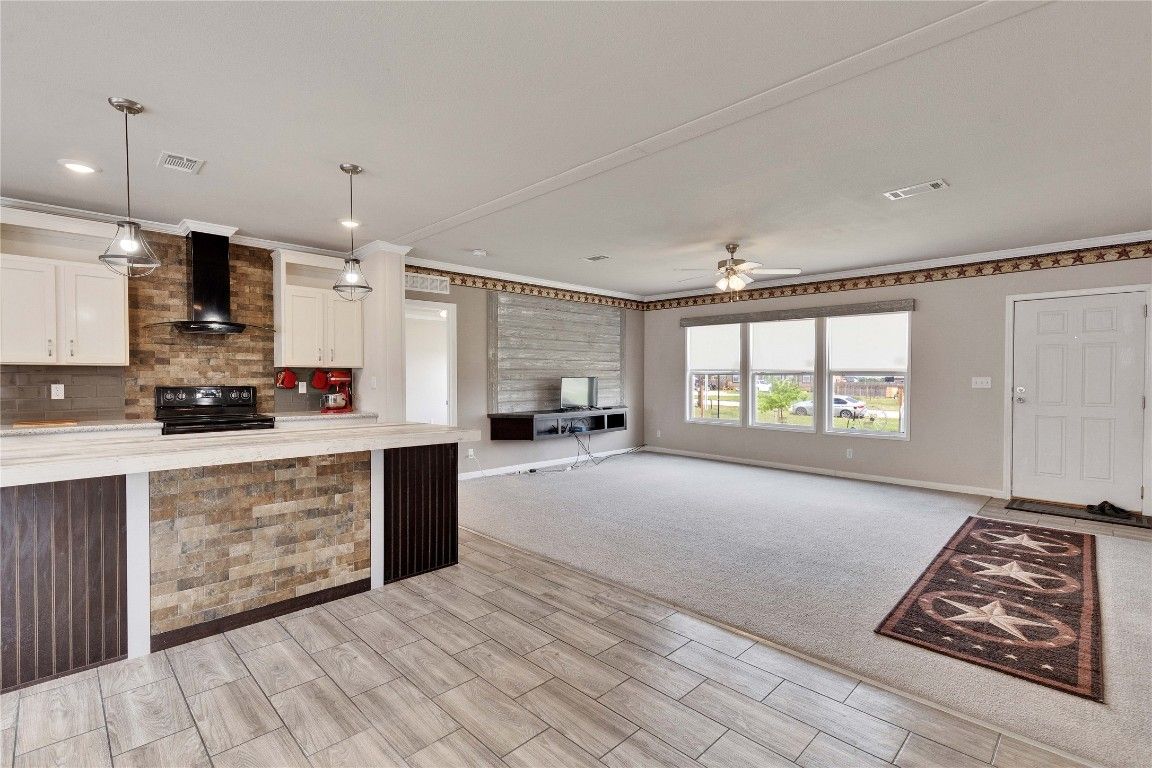 Interior, Kitchen, Pendant Lights, Recessed Lighting, Stone Walls, Wood Texture Flooring