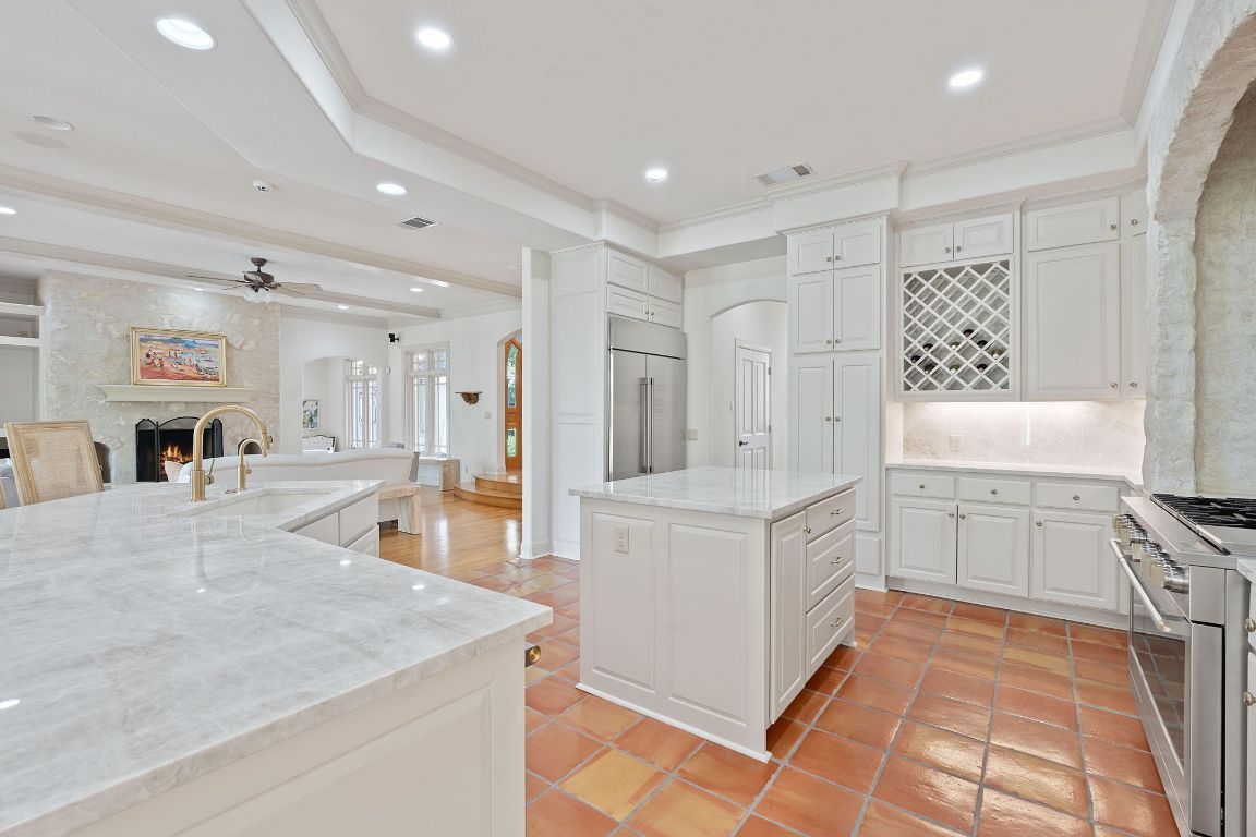 Fireplace, Interior, Kitchen, Recessed Lighting, Stainless Steel Appliances