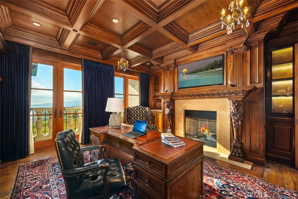 Chandelier, Fireplace, Home Office, Interior, Recessed Lighting, Wooden Beams, Wooden Ceilings, Wood Texture Flooring, Wooden Walls