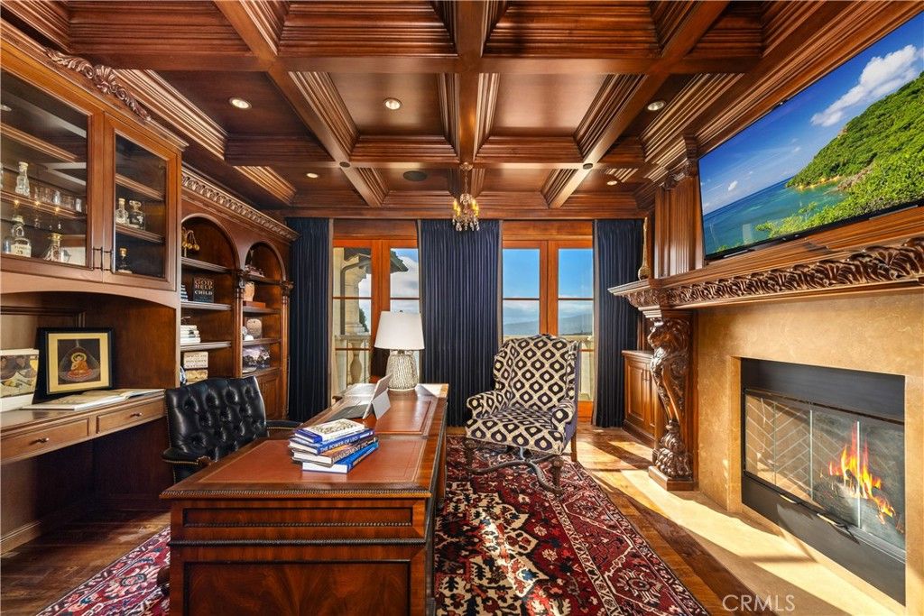 Fireplace, Home Office, Interior, Recessed Lighting, Wooden Beams, Wooden Ceilings, Wood Texture Flooring, Wooden Walls