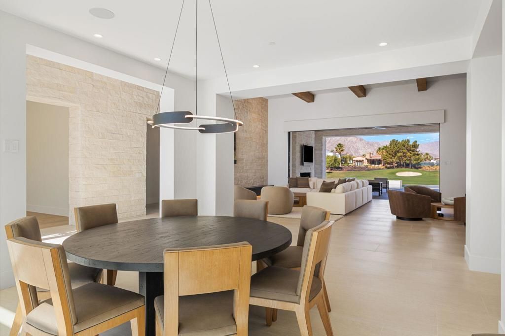 Dining room, Fireplace, Interior, Living room, Pendant Lights, Recessed Lighting, Stone Walls, Wooden Beams