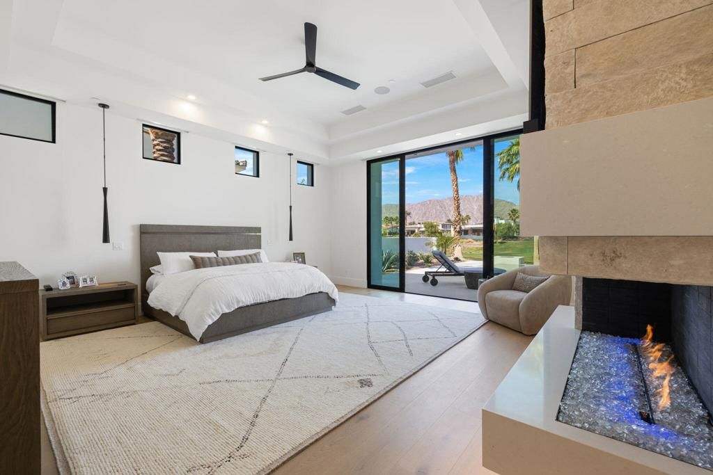 Bedroom, Fireplace, Interior, Recessed Lighting, Wood Texture Flooring