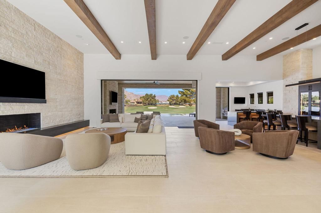 Dining room, Fireplace, Interior, Living room, Recessed Lighting, Stone Walls, Wooden Beams