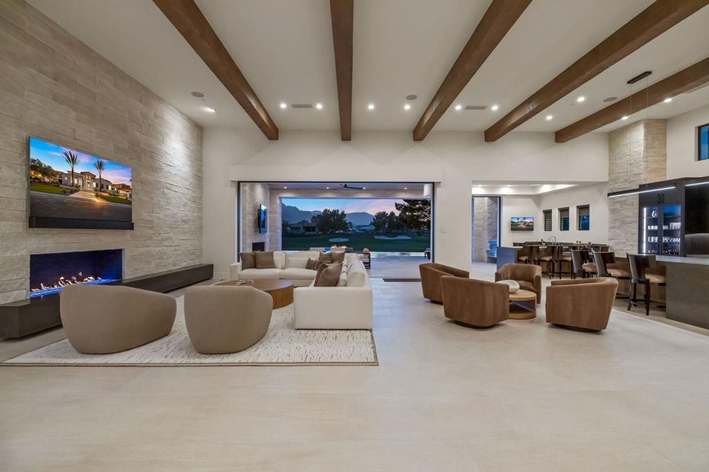 Dining room, Fireplace, Interior, Living room, Recessed Lighting, Stone Walls, Wooden Beams