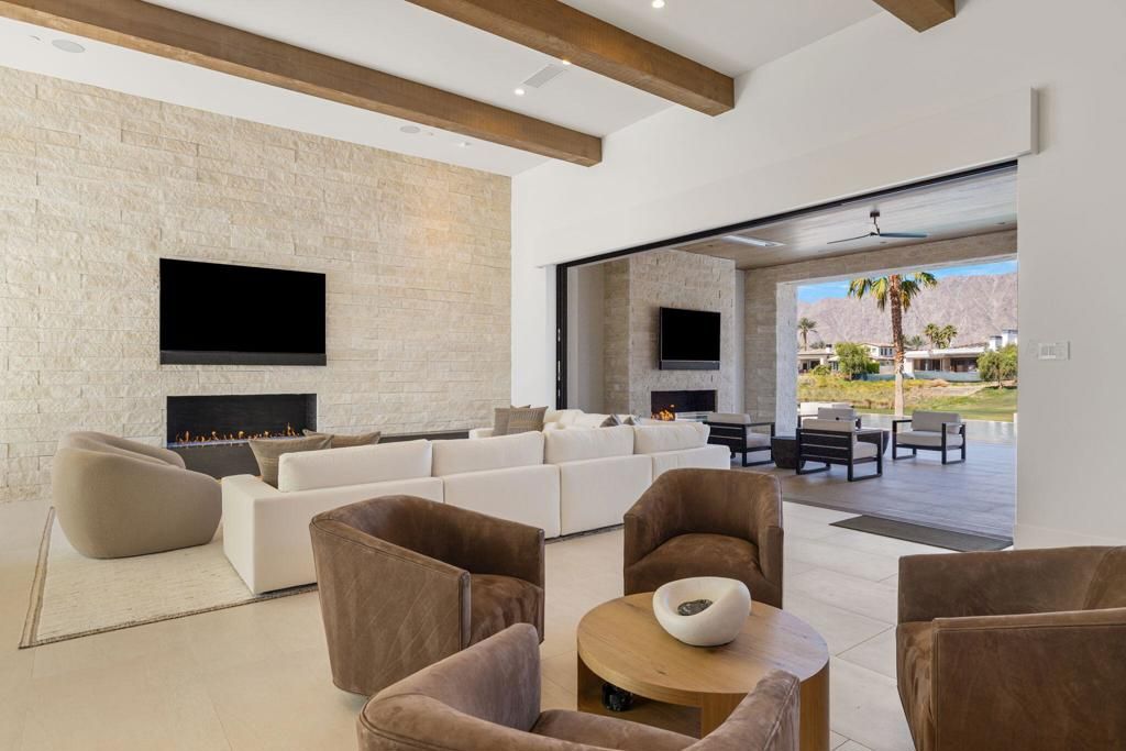 Fireplace, Interior, Living room, Recessed Lighting, Stone Walls, Wooden Beams