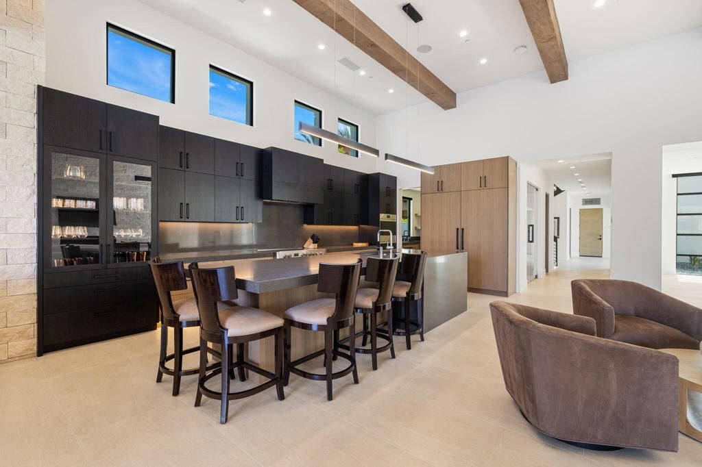 Interior, Kitchen, Pendant Lights, Recessed Lighting, Stainless Steel Appliances, Stone Walls, Wooden Beams