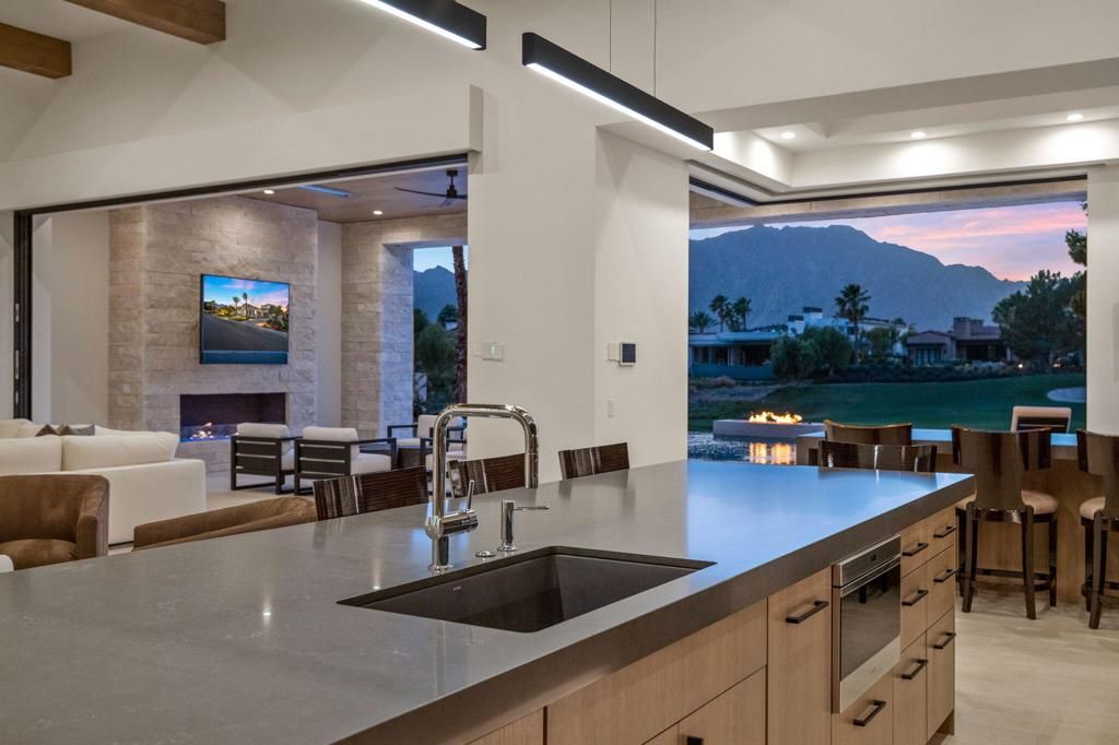 Fireplace, Interior, Kitchen, Living room, Pendant Lights, Recessed Lighting, Stone Walls, Wooden Beams