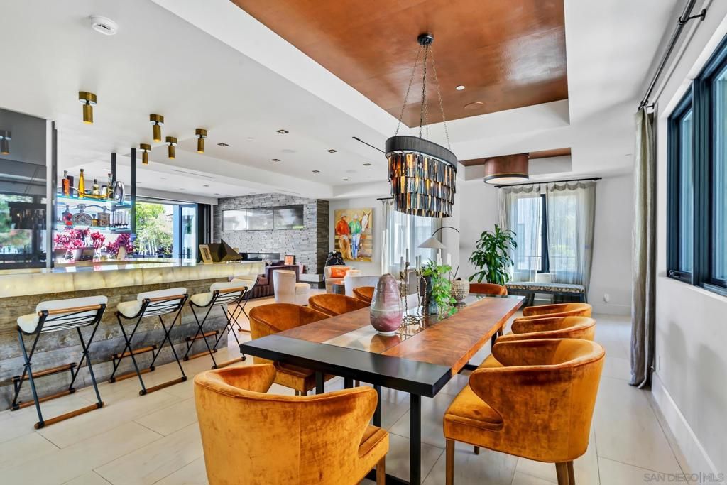 Dining room, Interior, Pendant Lights, Recessed Lighting, Stone Walls